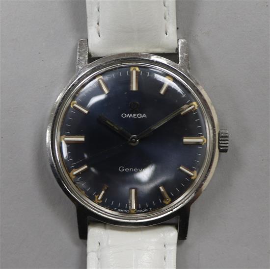 A gentlemans early 1970s stainless steel Omega manual wind wrist watch with blue dial.